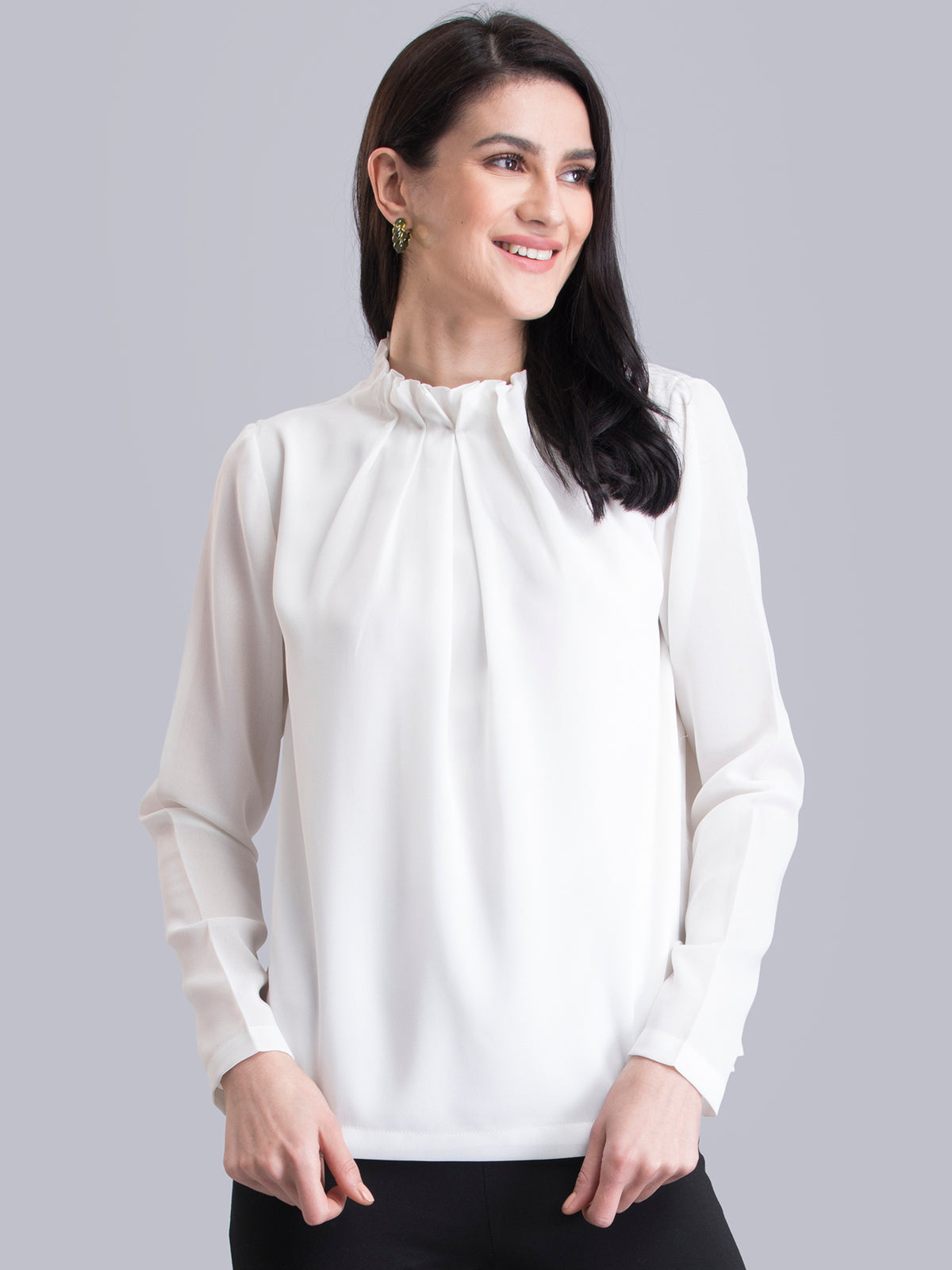 High Neck Pleated Top - White