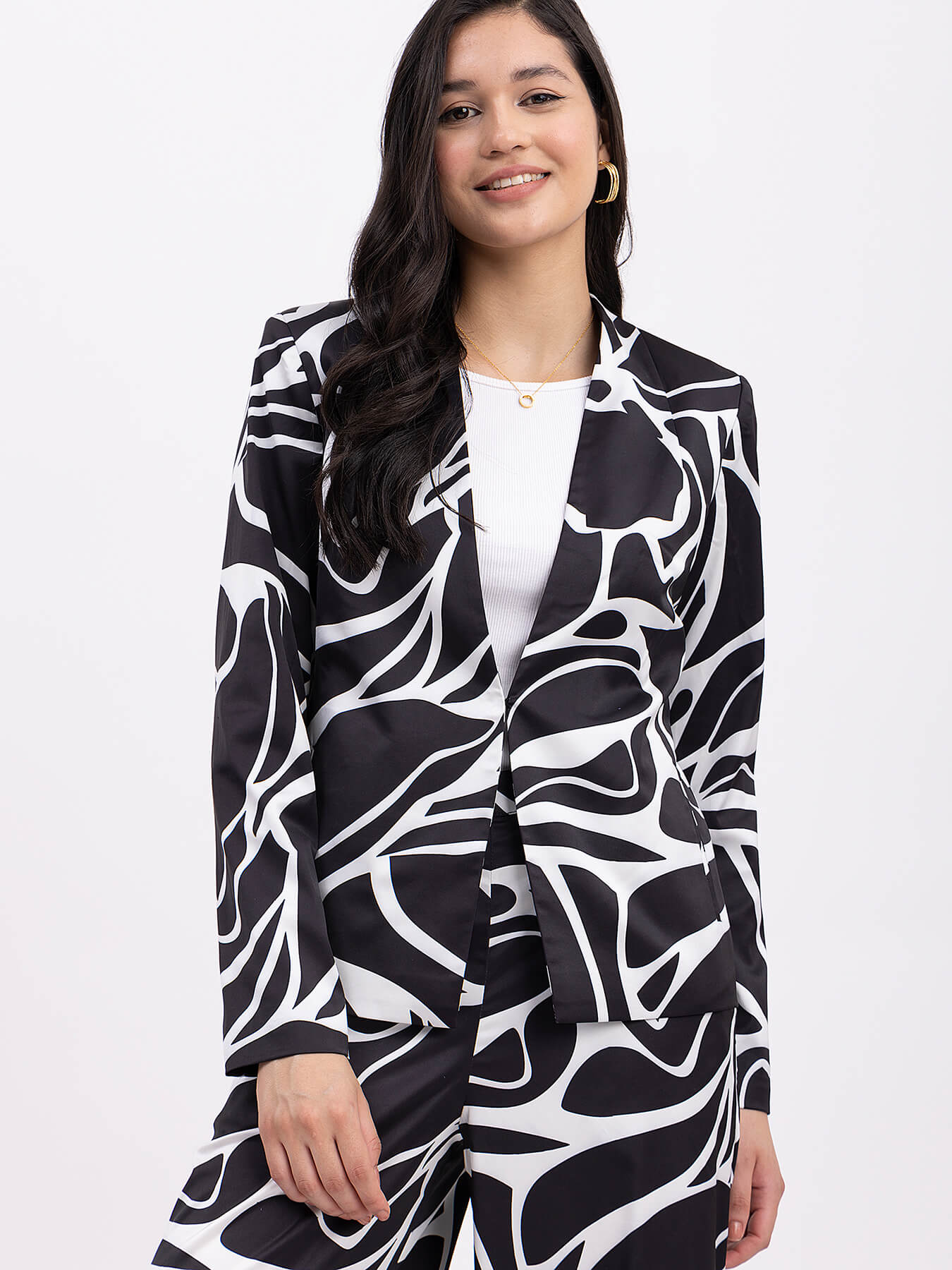 Satin Floral Print Blazer - Black And White
