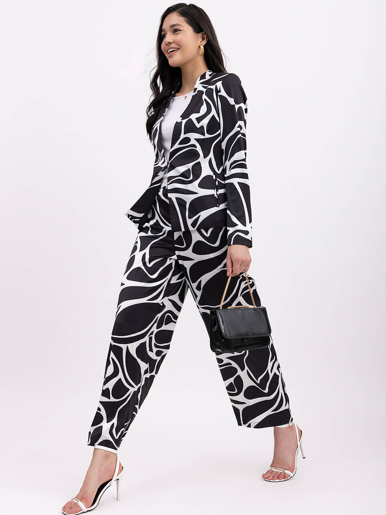 Satin Floral Print Blazer - Black And White