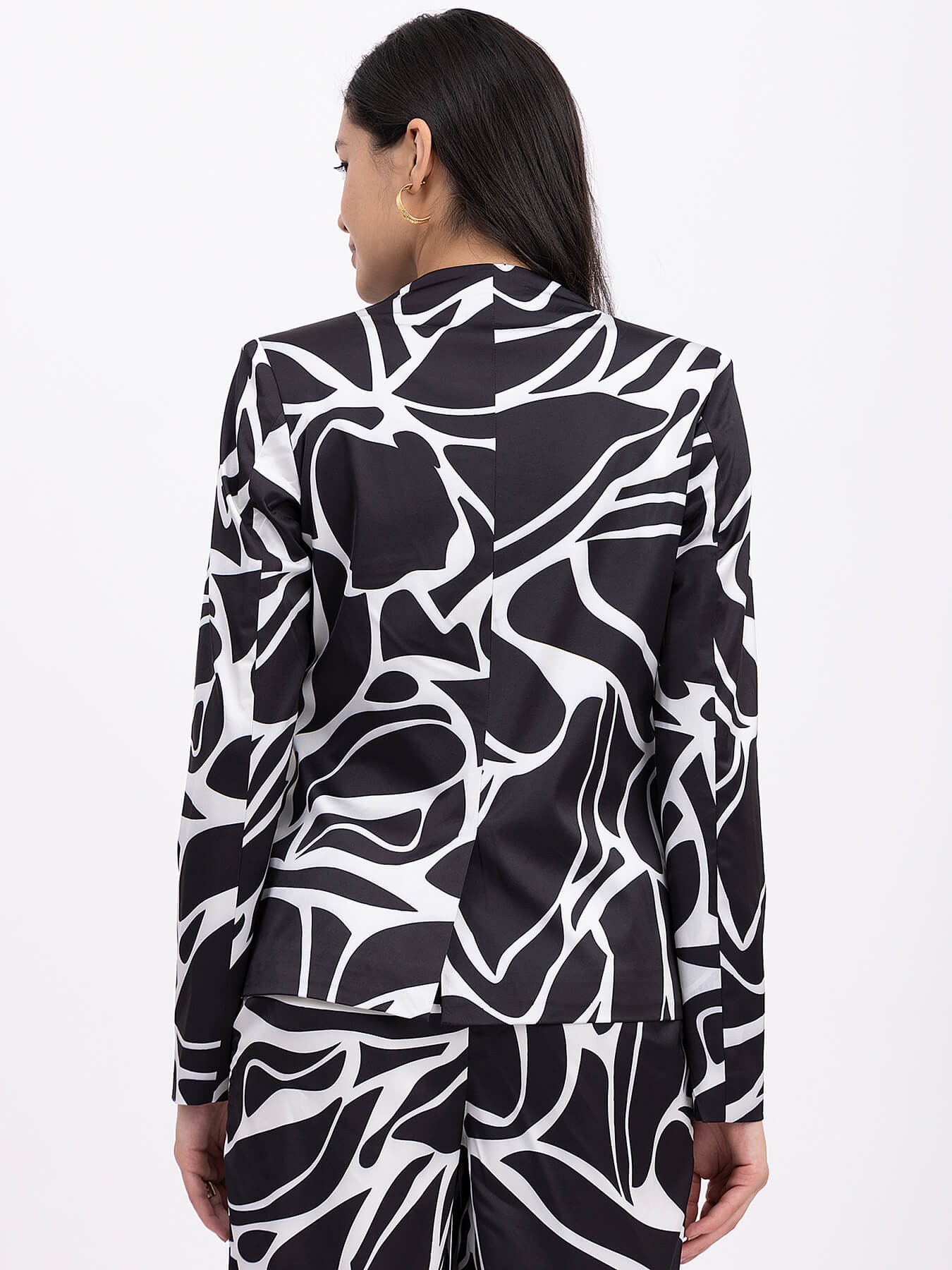 Satin Floral Print Blazer - Black And White