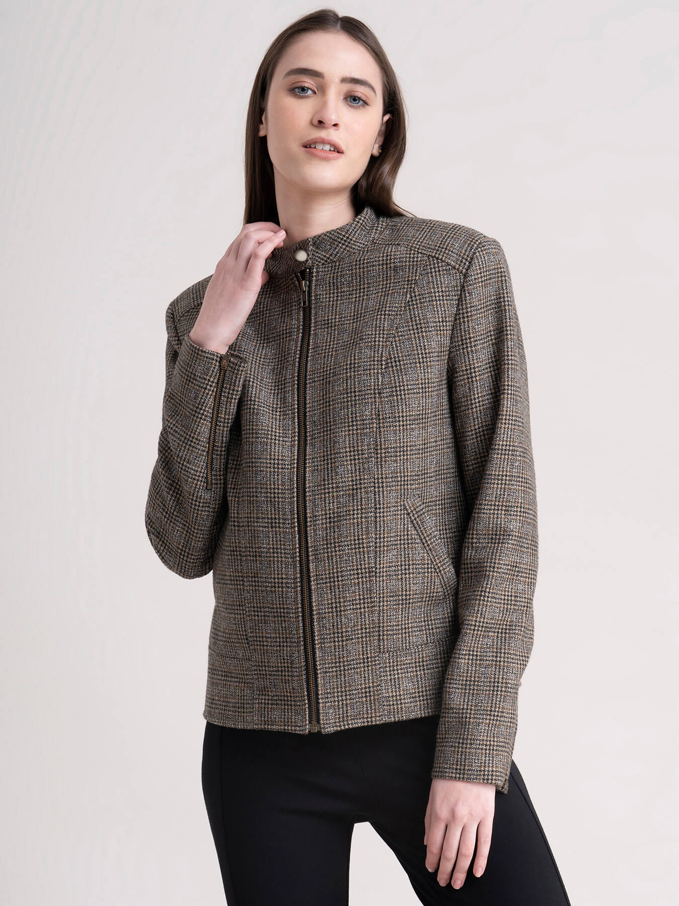 Mandarin Collar Wool Blend Check Jacket - Brown