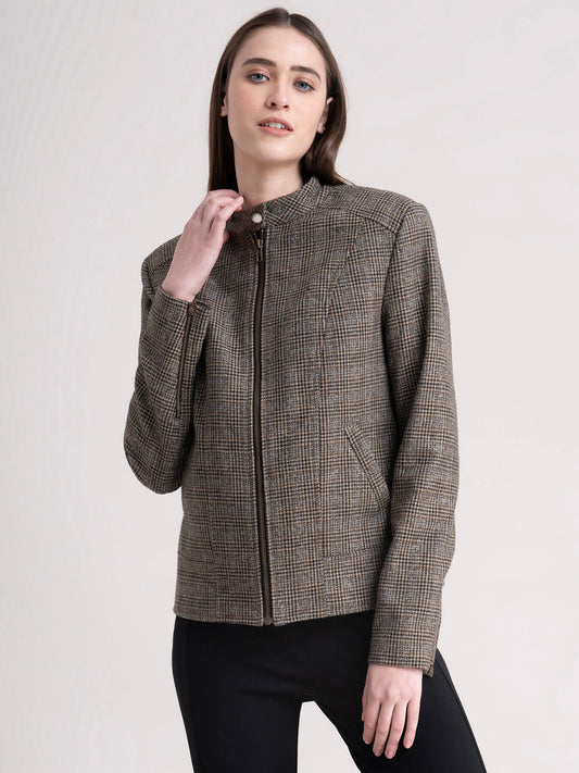 Mandarin Collar Wool Blend Check Jacket - Brown