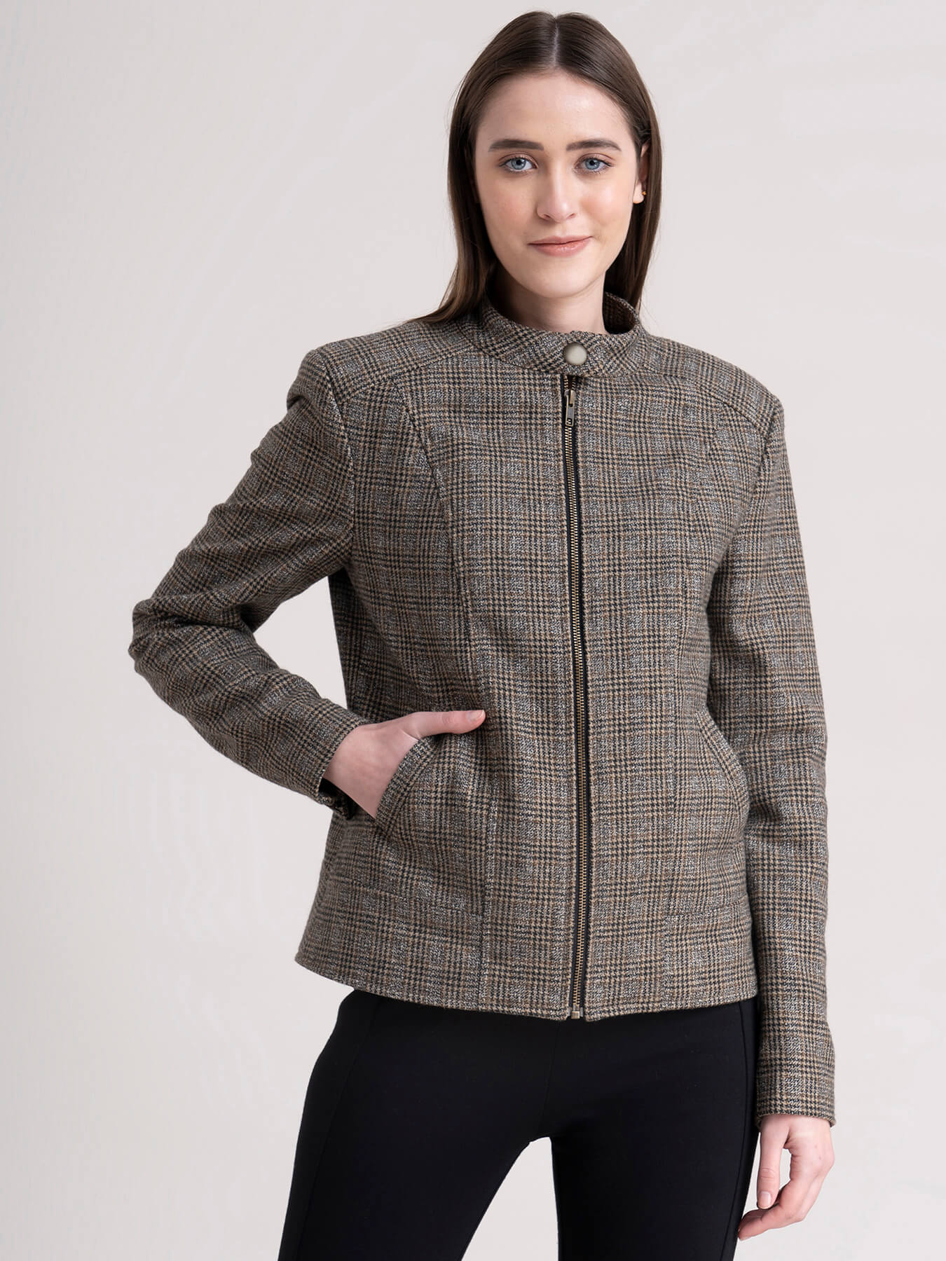 Mandarin Collar Wool Blend Check Jacket - Brown