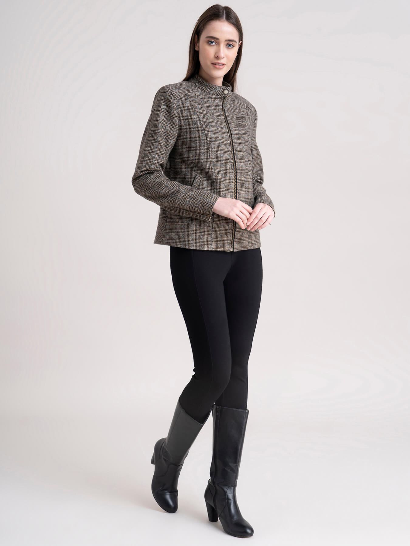 Mandarin Collar Wool Blend Check Jacket - Brown