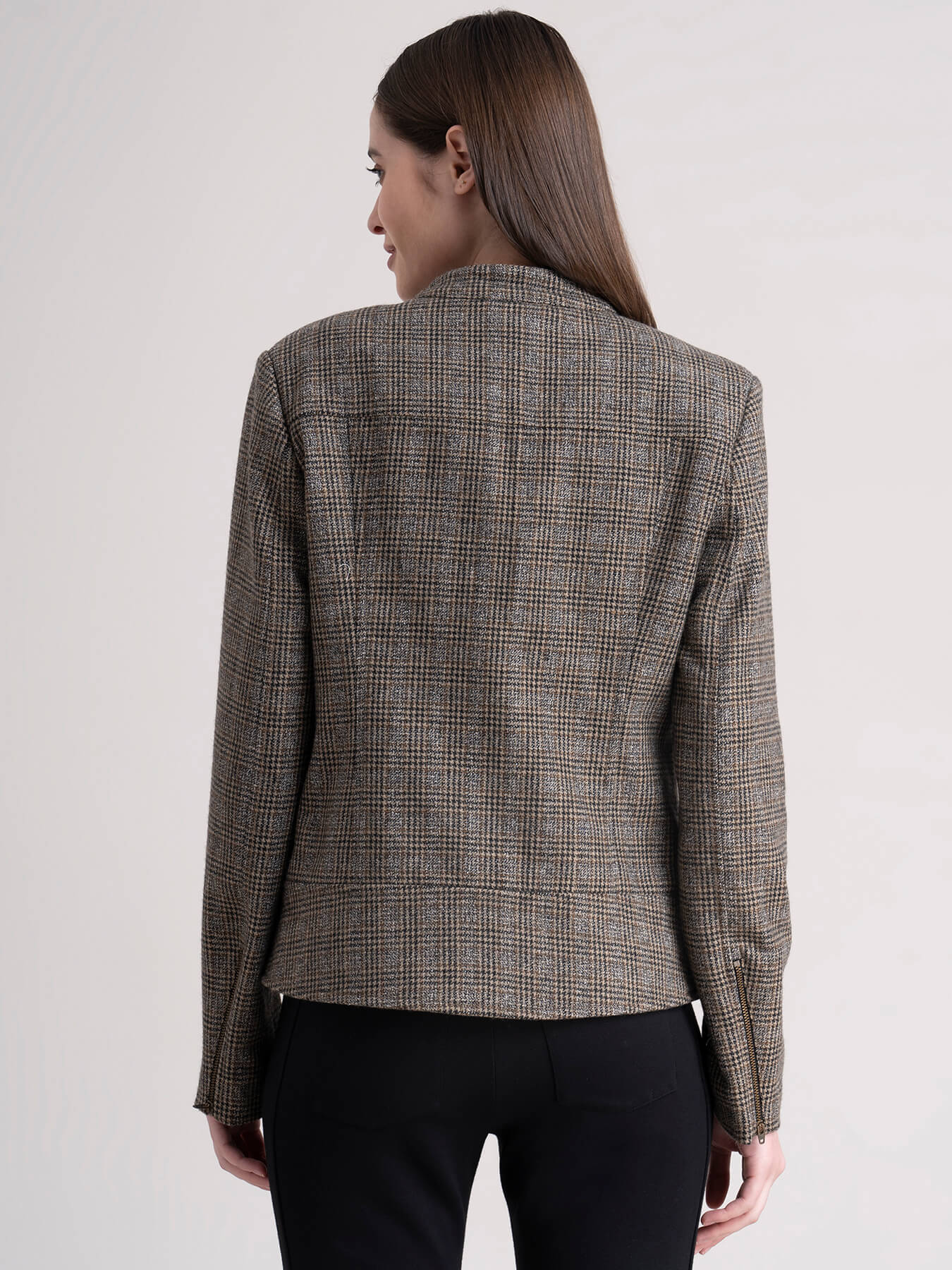 Mandarin Collar Wool Blend Check Jacket - Brown