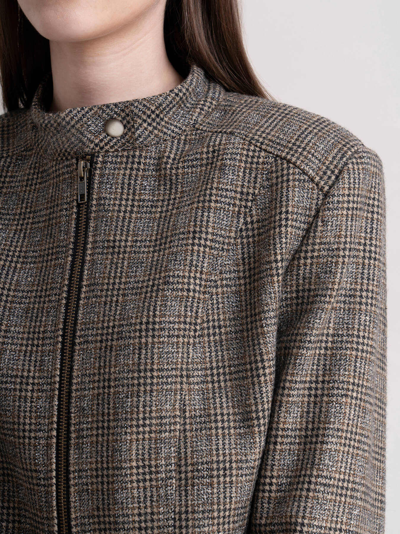 Mandarin Collar Wool Blend Check Jacket - Brown