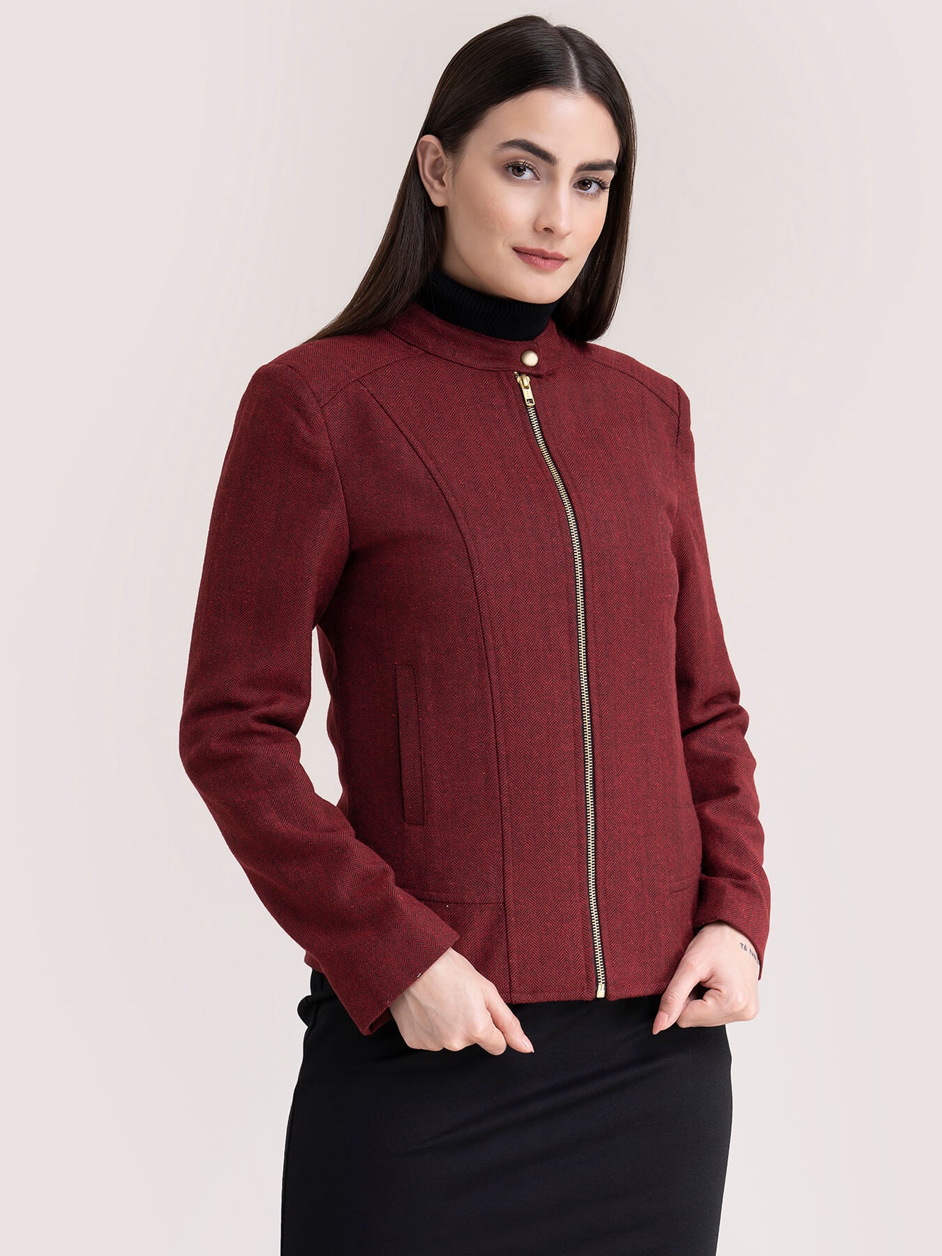 Wool Blend Twill Jacket - Red