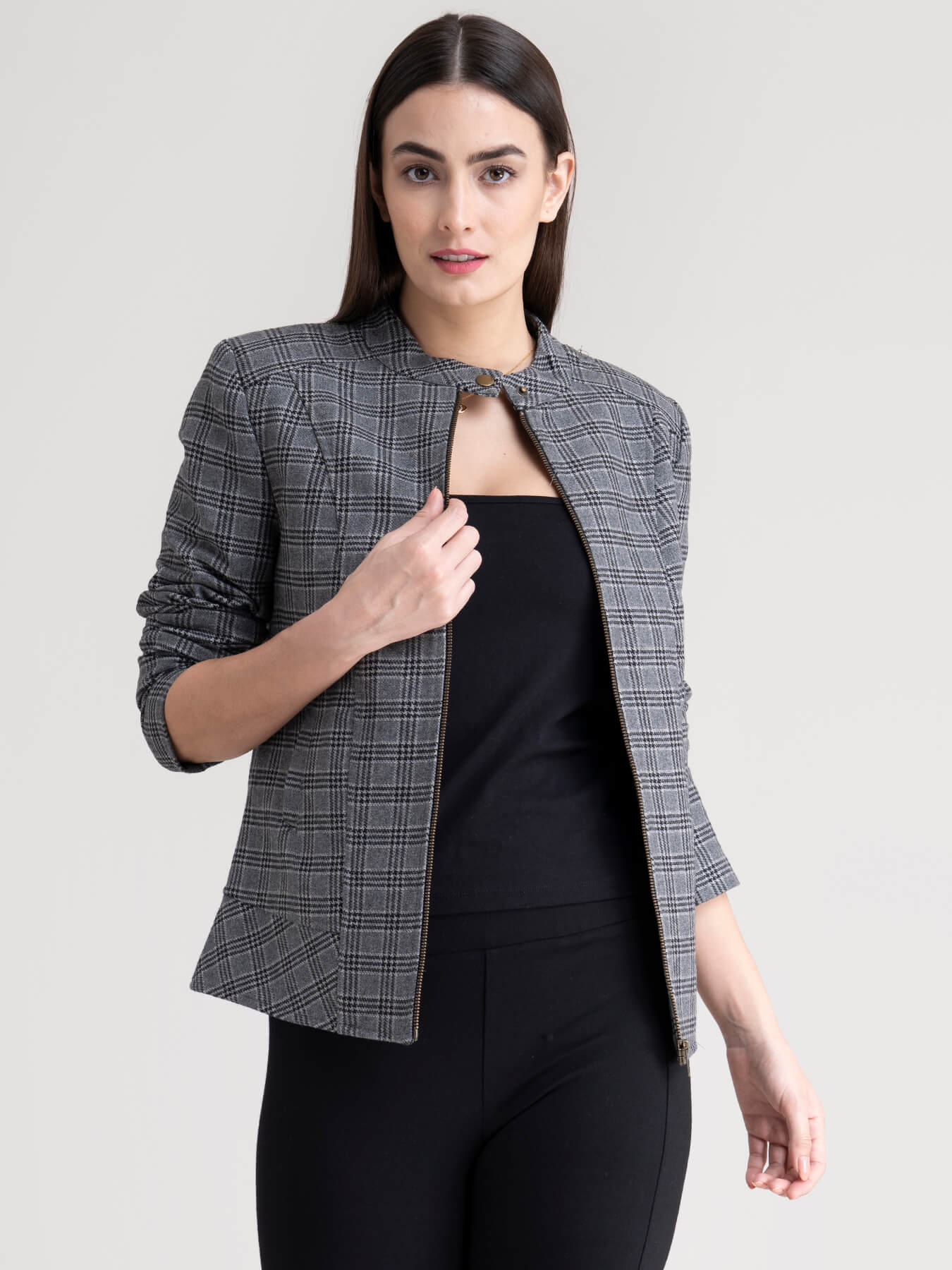 Wool Blend Check Jacket - Grey