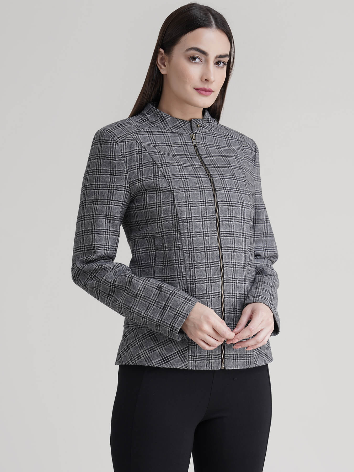 Wool Blend Check Jacket - Grey