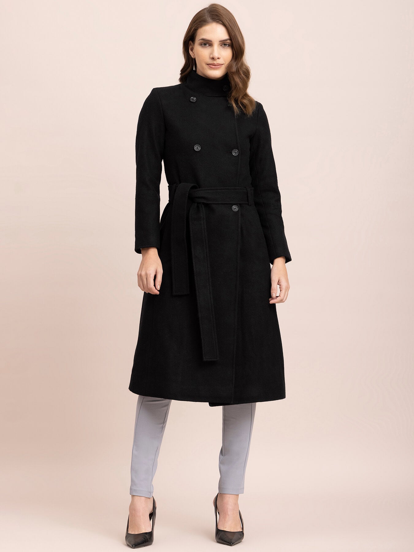 High Neck Wool Blend Overcoat - Black