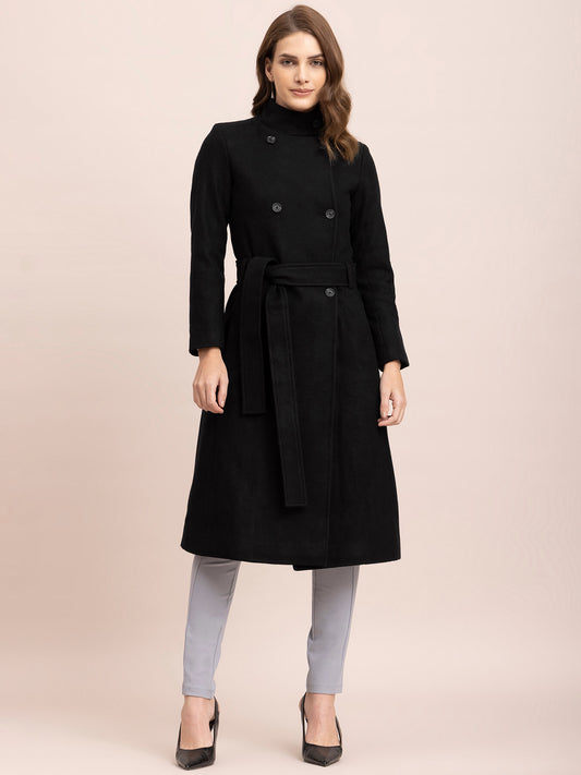 High Neck Wool Blend Overcoat - Black