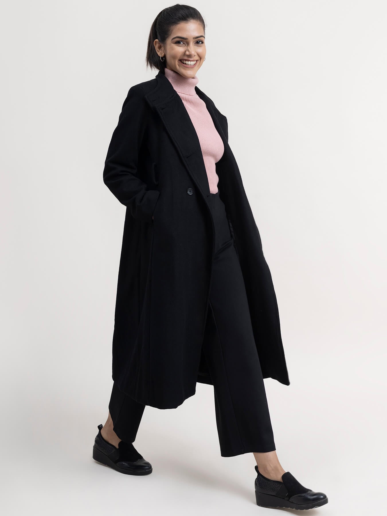 High Neck Wool Blend Overcoat - Black