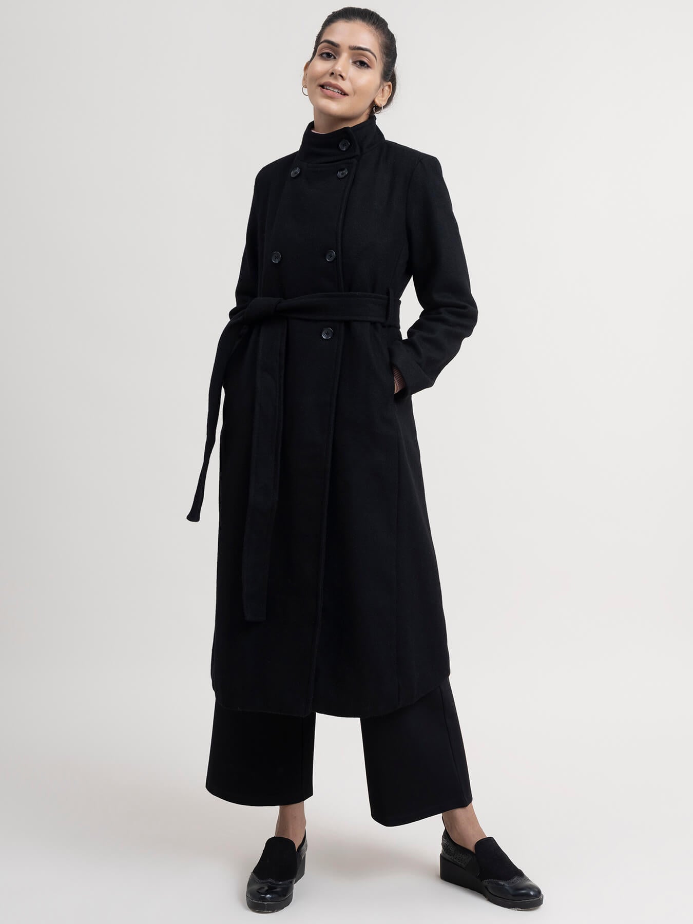High Neck Wool Blend Overcoat - Black