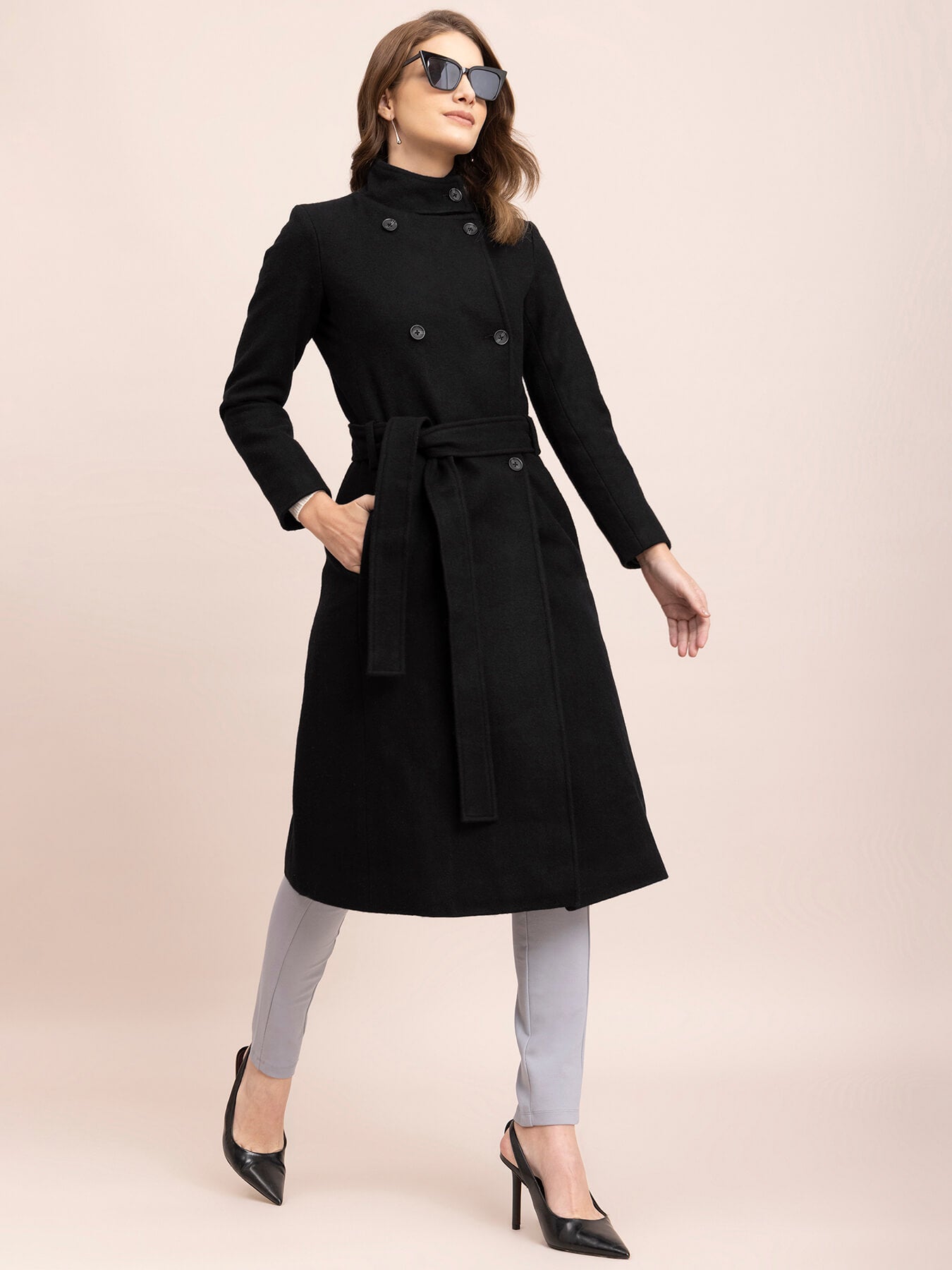 High Neck Wool Blend Overcoat - Black