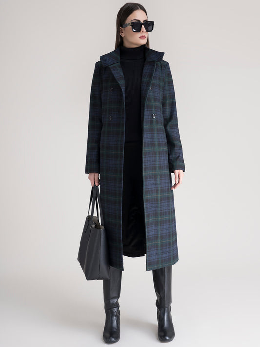 High Neck Wool Blend Overcoat - Green Plaid