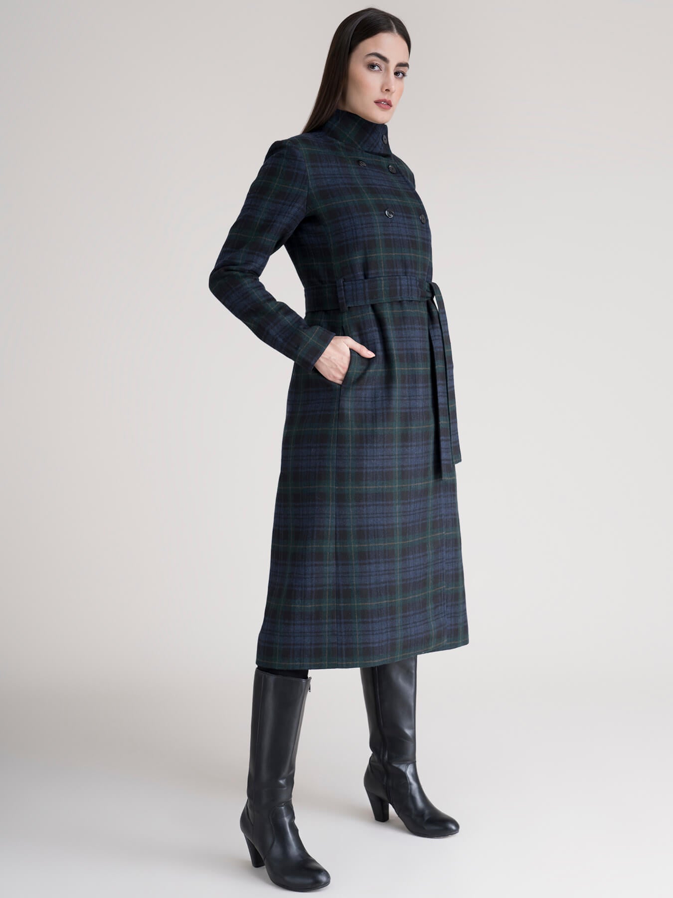 High Neck Wool Blend Overcoat - Green Plaid