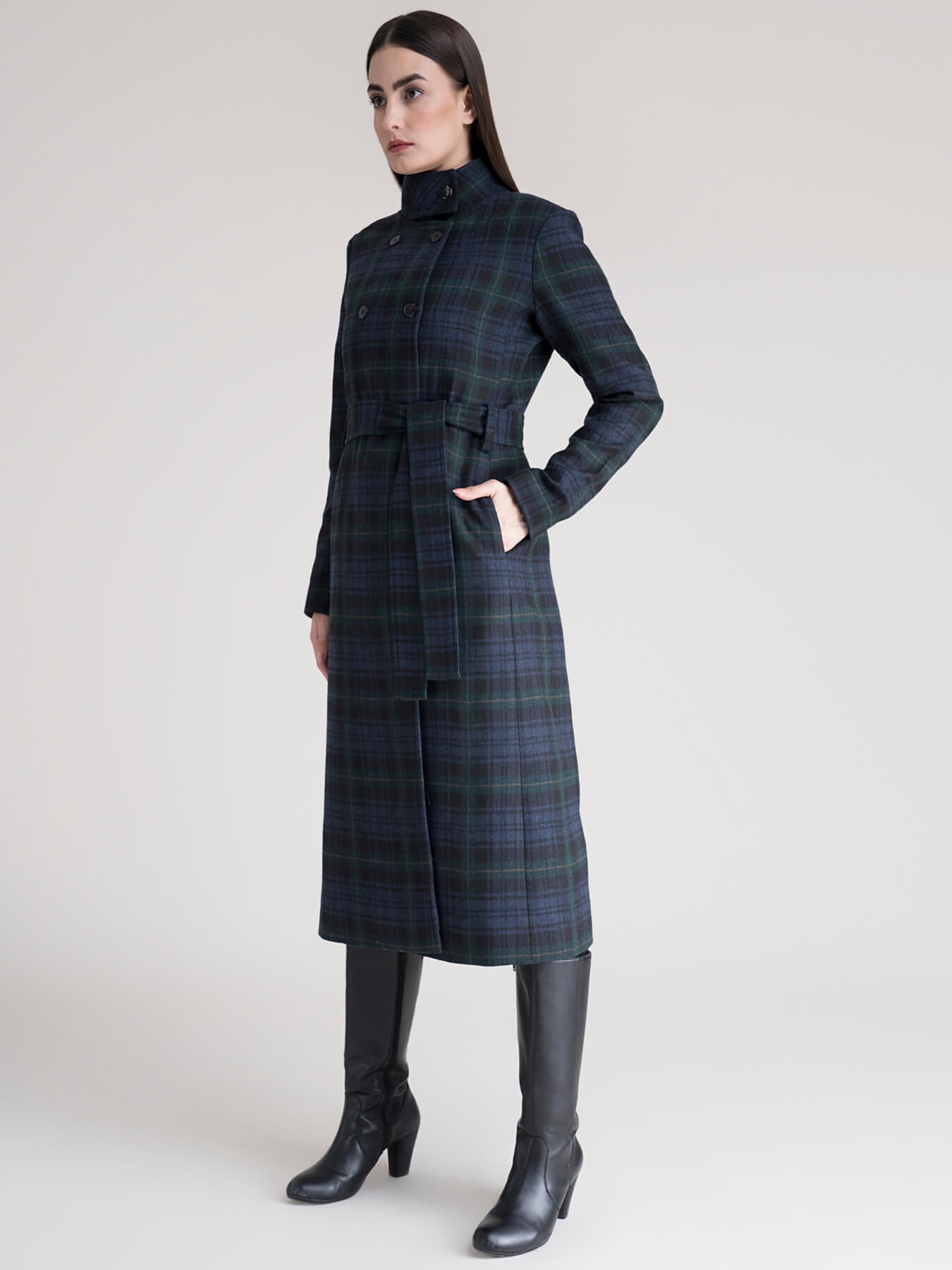High Neck Wool Blend Overcoat - Green Plaid