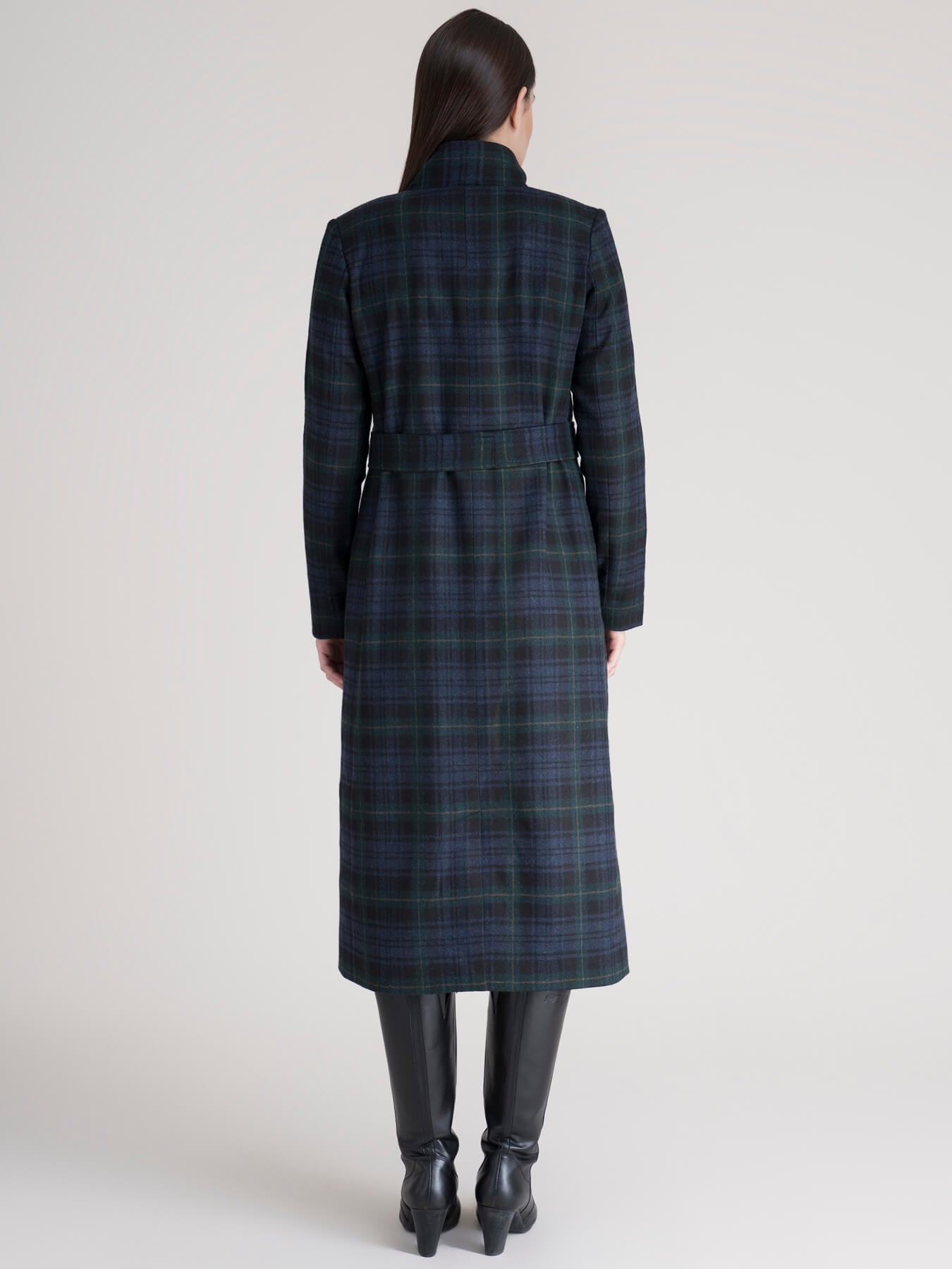 High Neck Wool Blend Overcoat - Green Plaid
