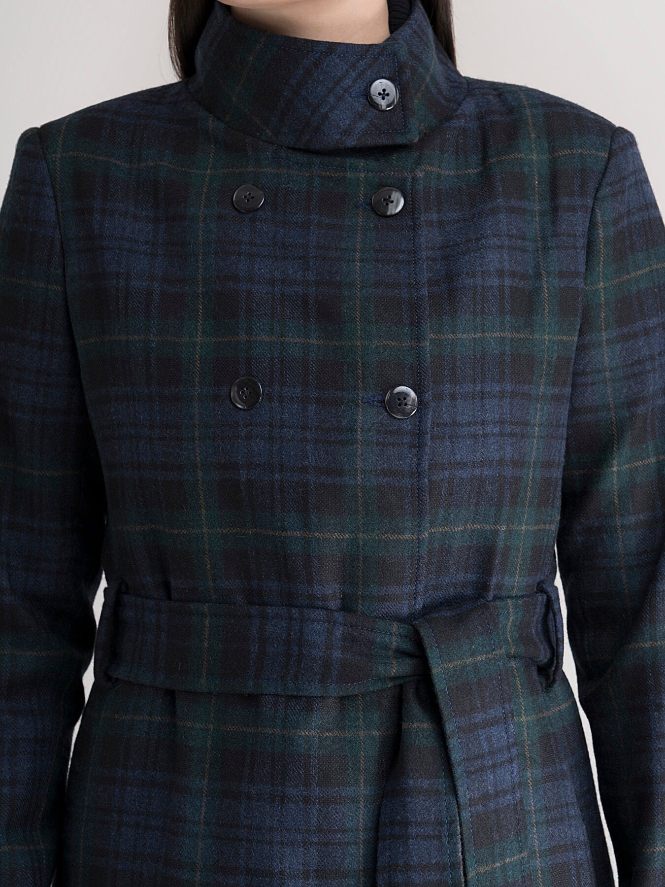 High Neck Wool Blend Overcoat - Green Plaid
