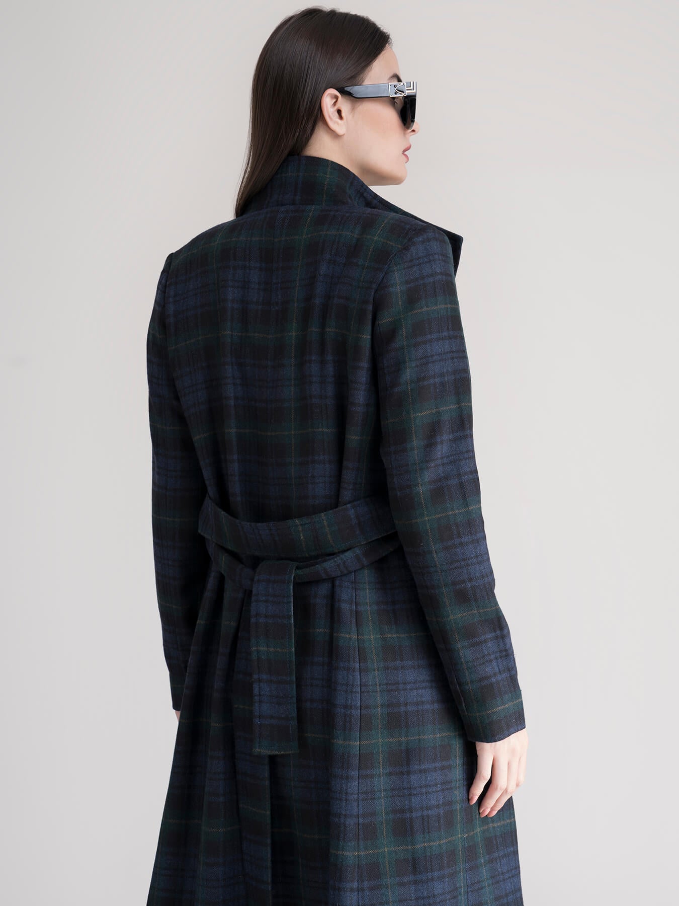 High Neck Wool Blend Overcoat - Green Plaid