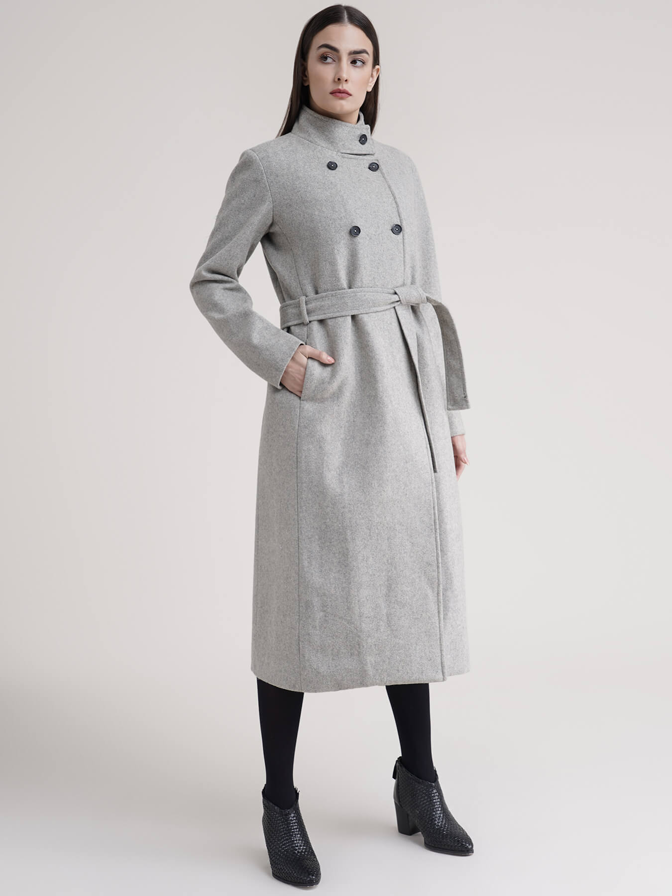 High Neck Wool Blend Overcoat - Grey