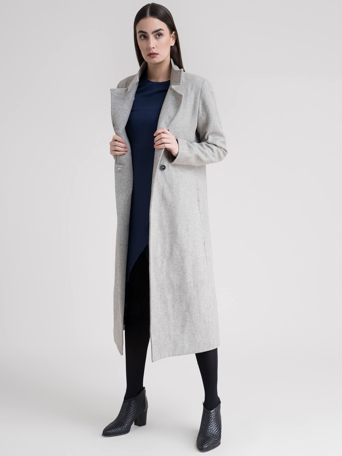 High Neck Wool Blend Overcoat - Grey
