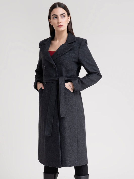 Double-Breasted Wool Blend Overcoat - Dark Grey