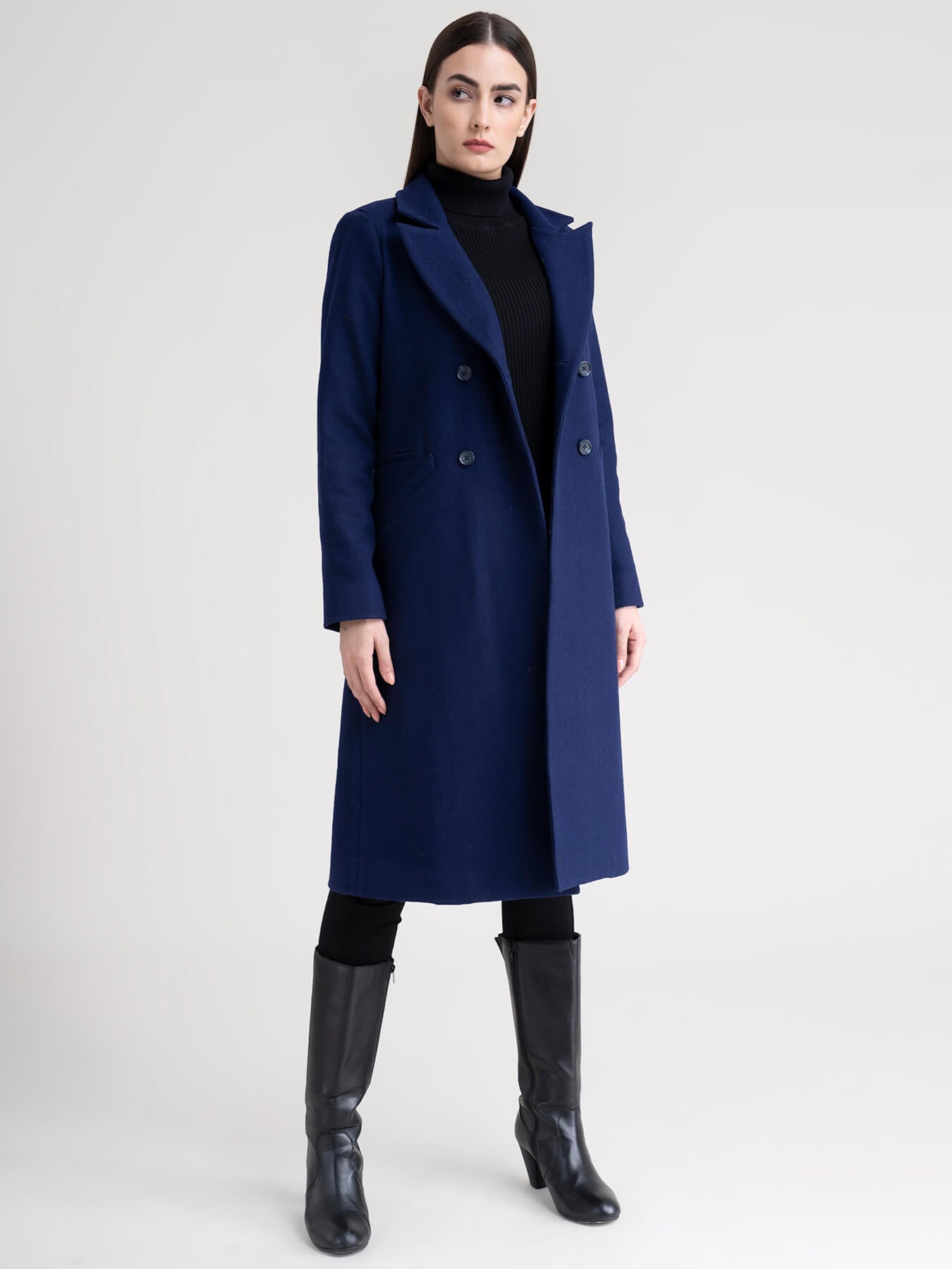Double-Breasted Wool Blend Overcoat - Navy