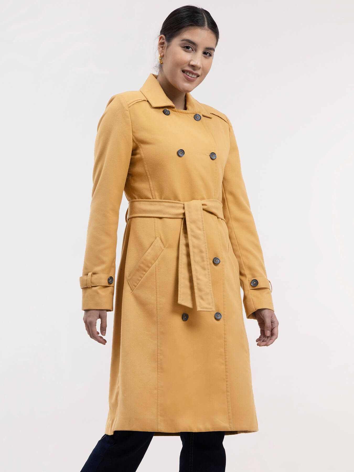 Double-Breasted Trench Coat - Mustard