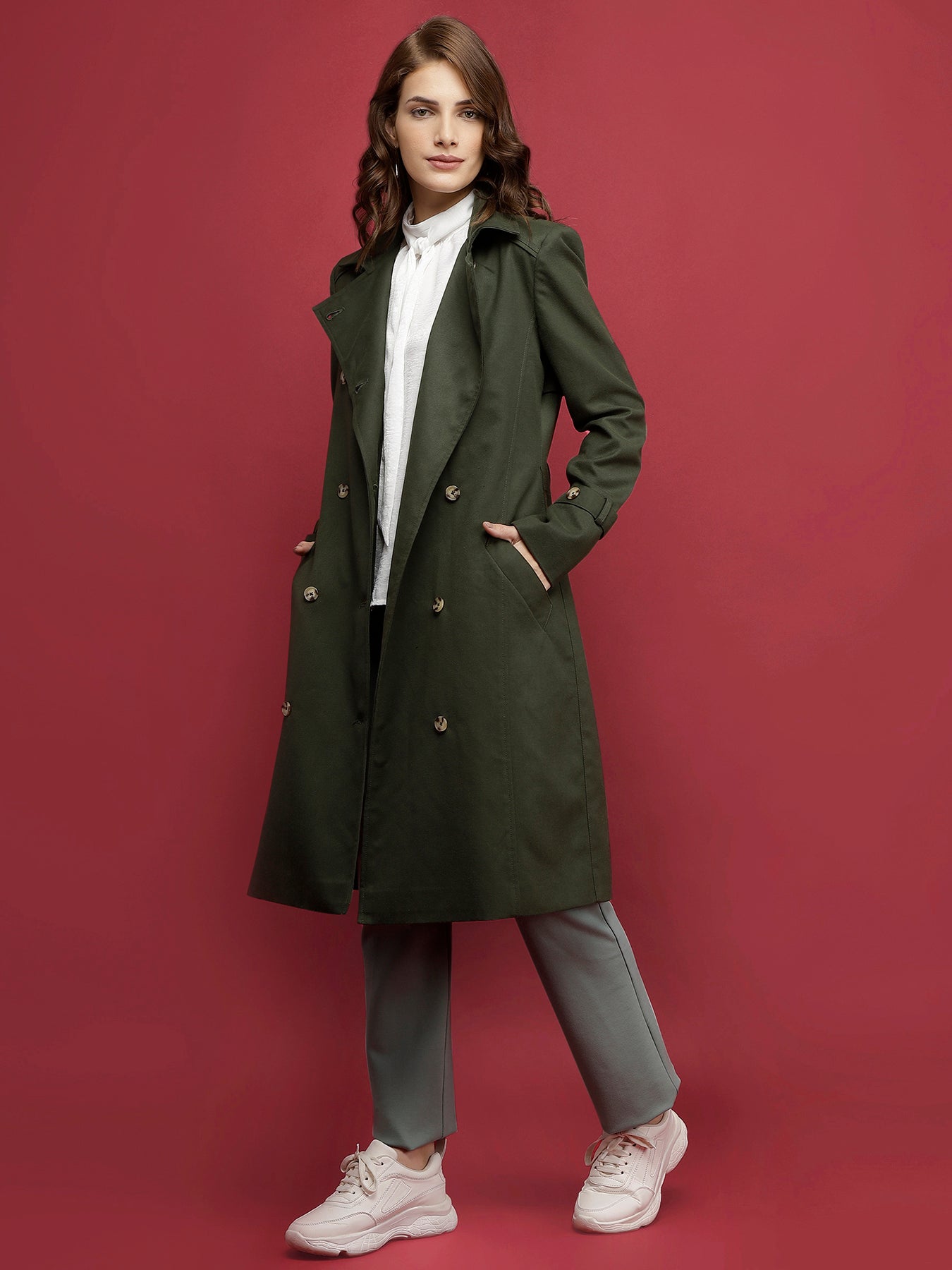 Double Breasted Trench Coat - Olive