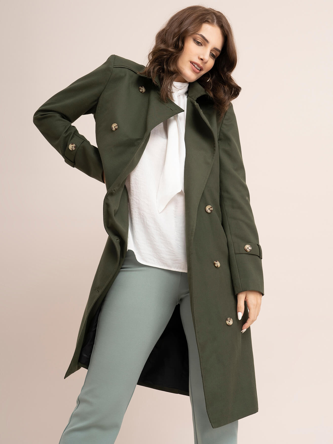 Double Breasted Trench Coat - Olive