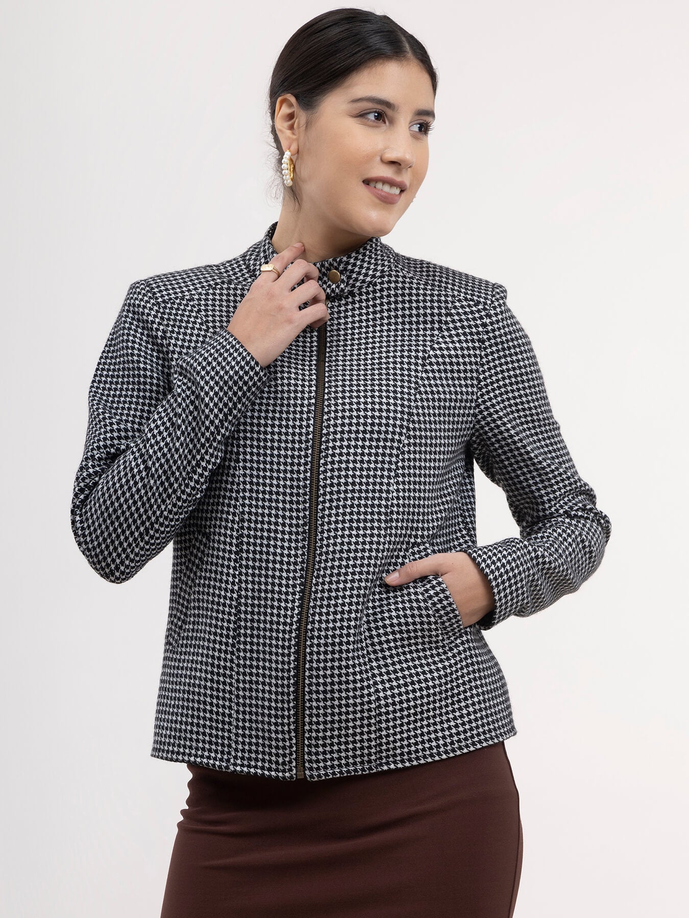 Wool Blend Houndstooth Jacket - Black