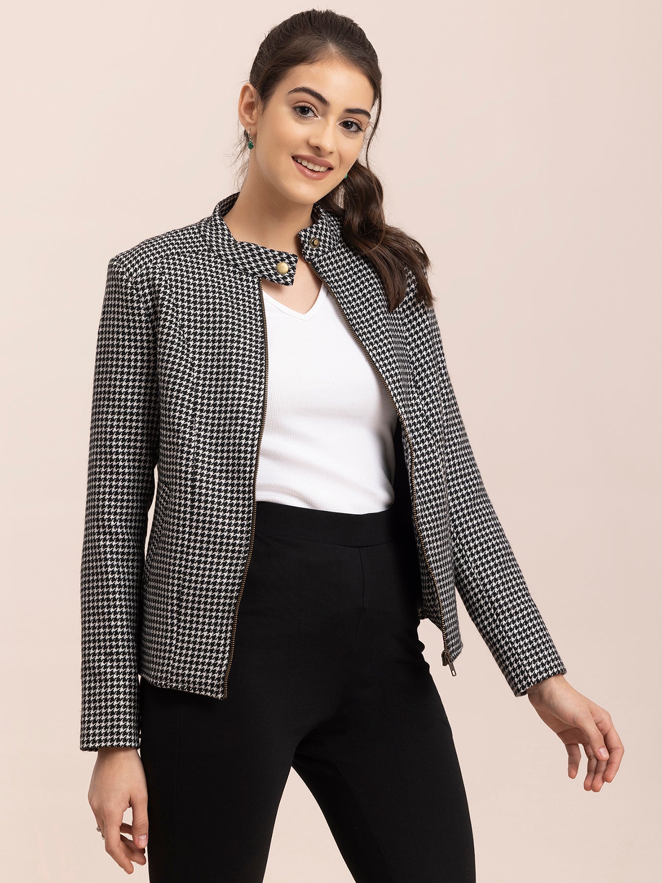 Wool Blend Houndstooth Jacket - Black