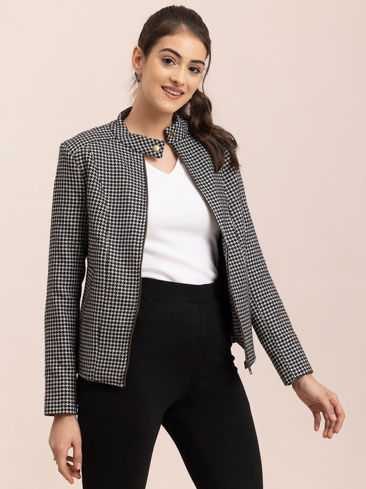 Wool Blend Houndstooth Jacket - Black