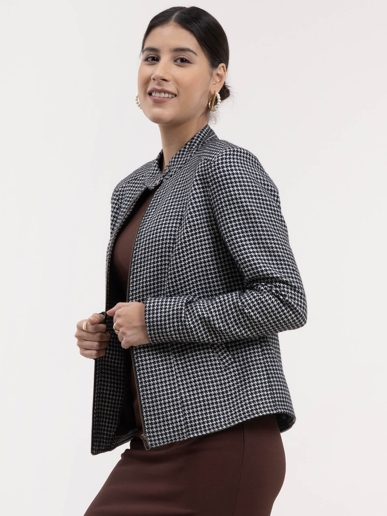 Wool Blend Houndstooth Jacket - Black