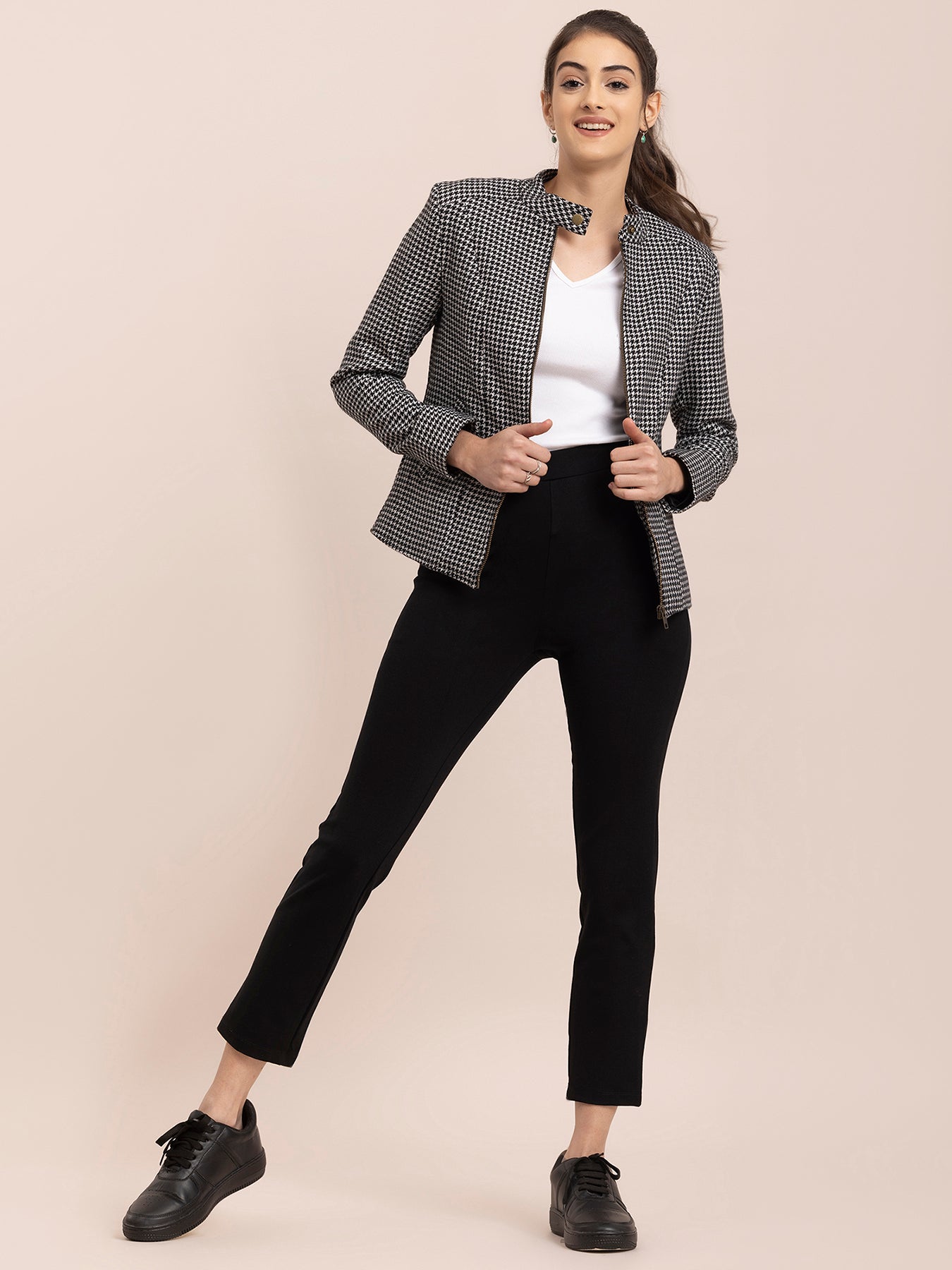 Wool Blend Houndstooth Jacket - Black