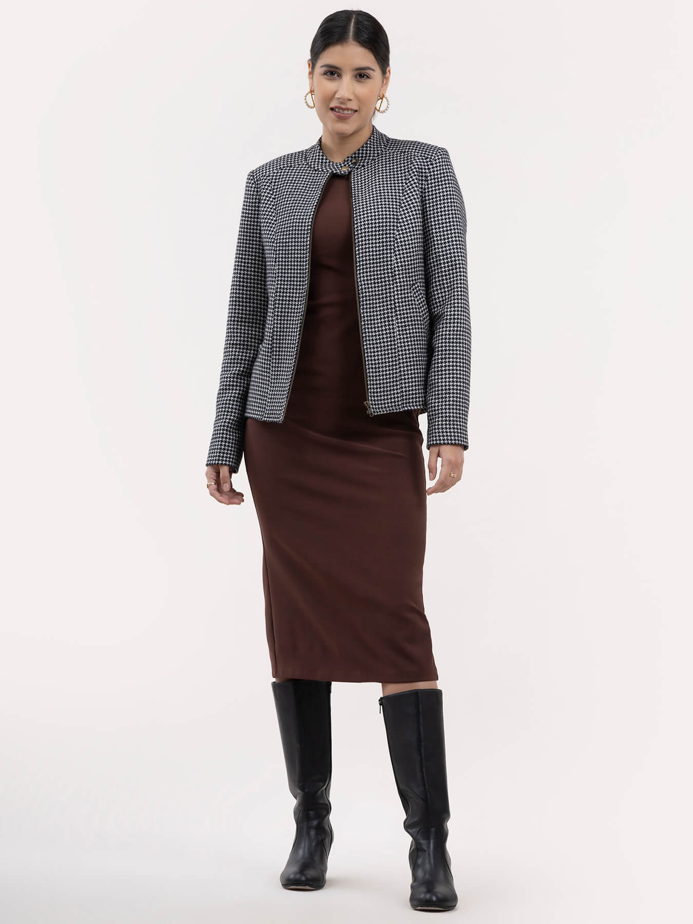 Wool Blend Houndstooth Jacket - Black