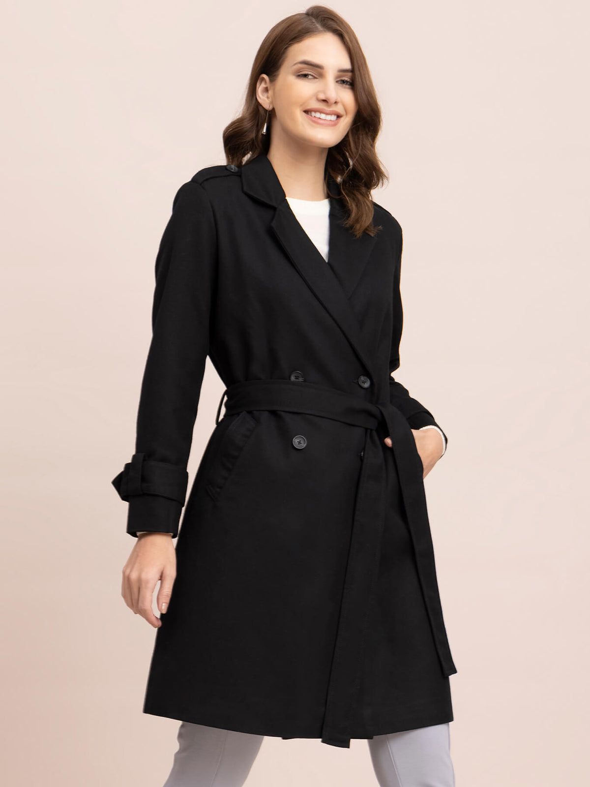 Wool Blend Double Breasted Long Trench - Black