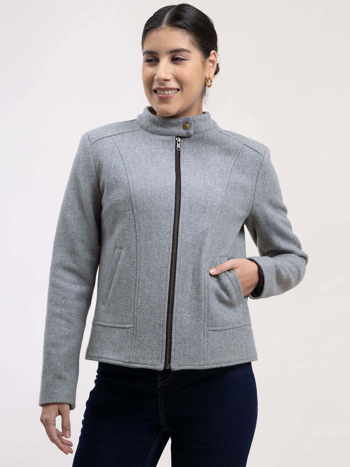 Wool Blend Zipper Jacket - Grey
