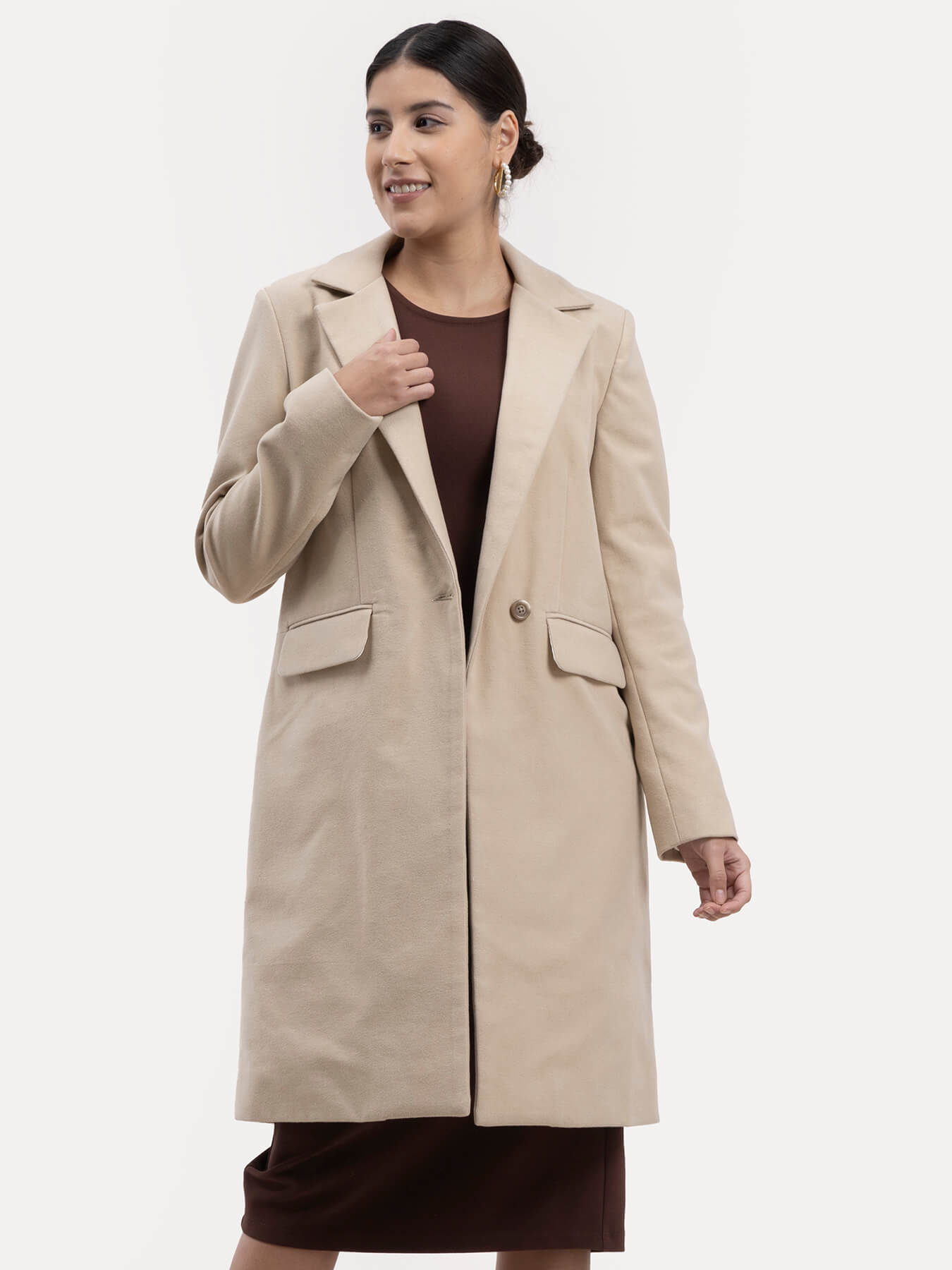 Wool Blend Long Overcoat - Beige