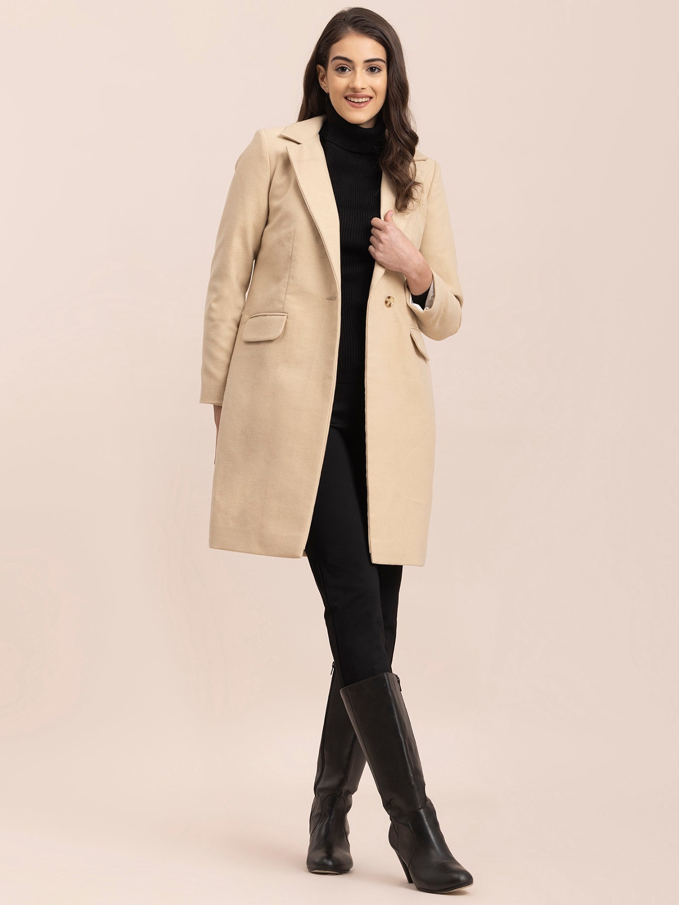 Wool Blend Long Overcoat - Beige