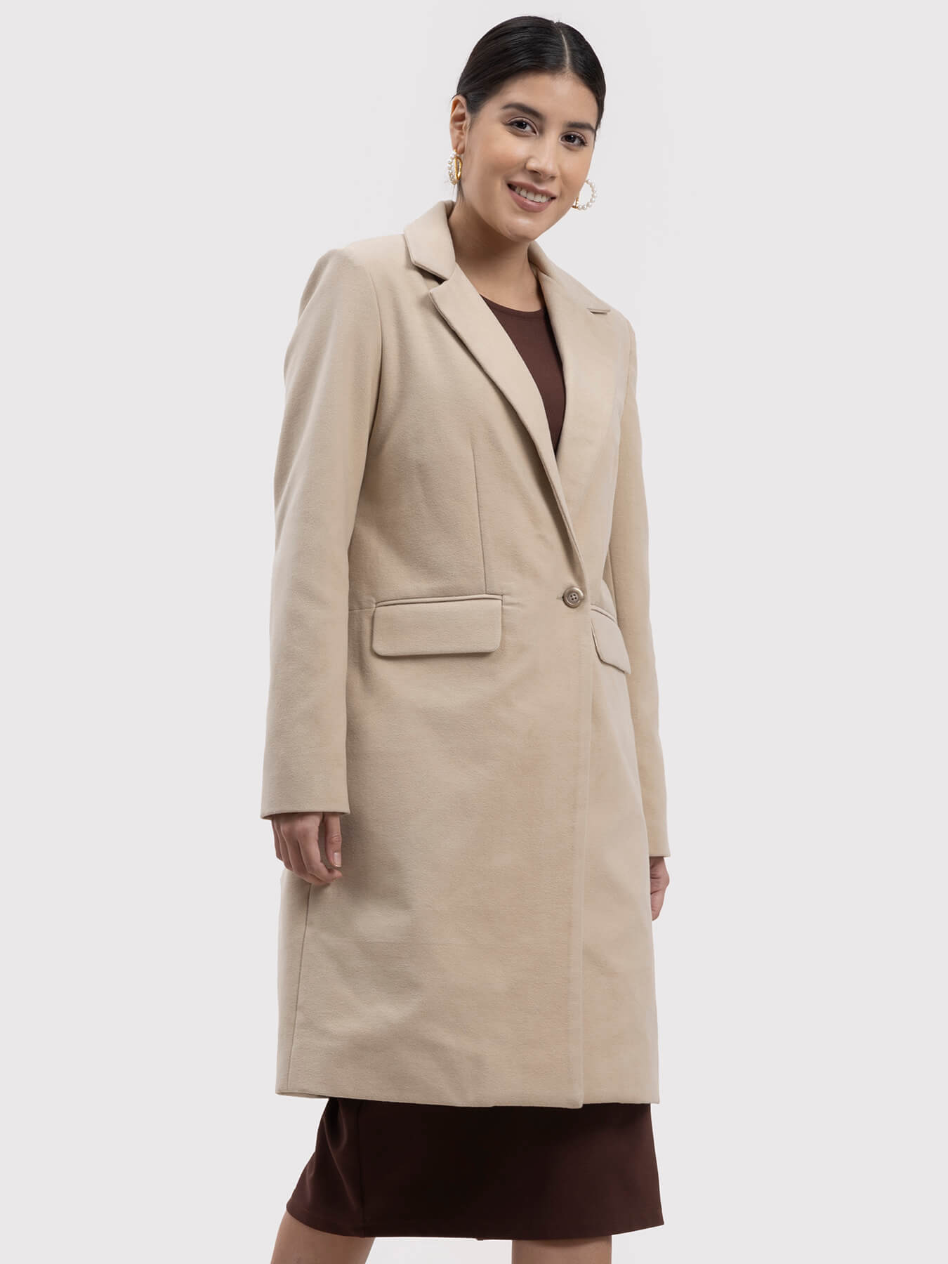 Wool Blend Long Overcoat - Beige