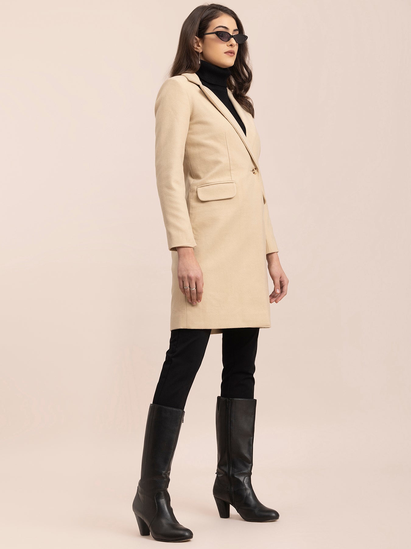 Wool Blend Long Overcoat - Beige