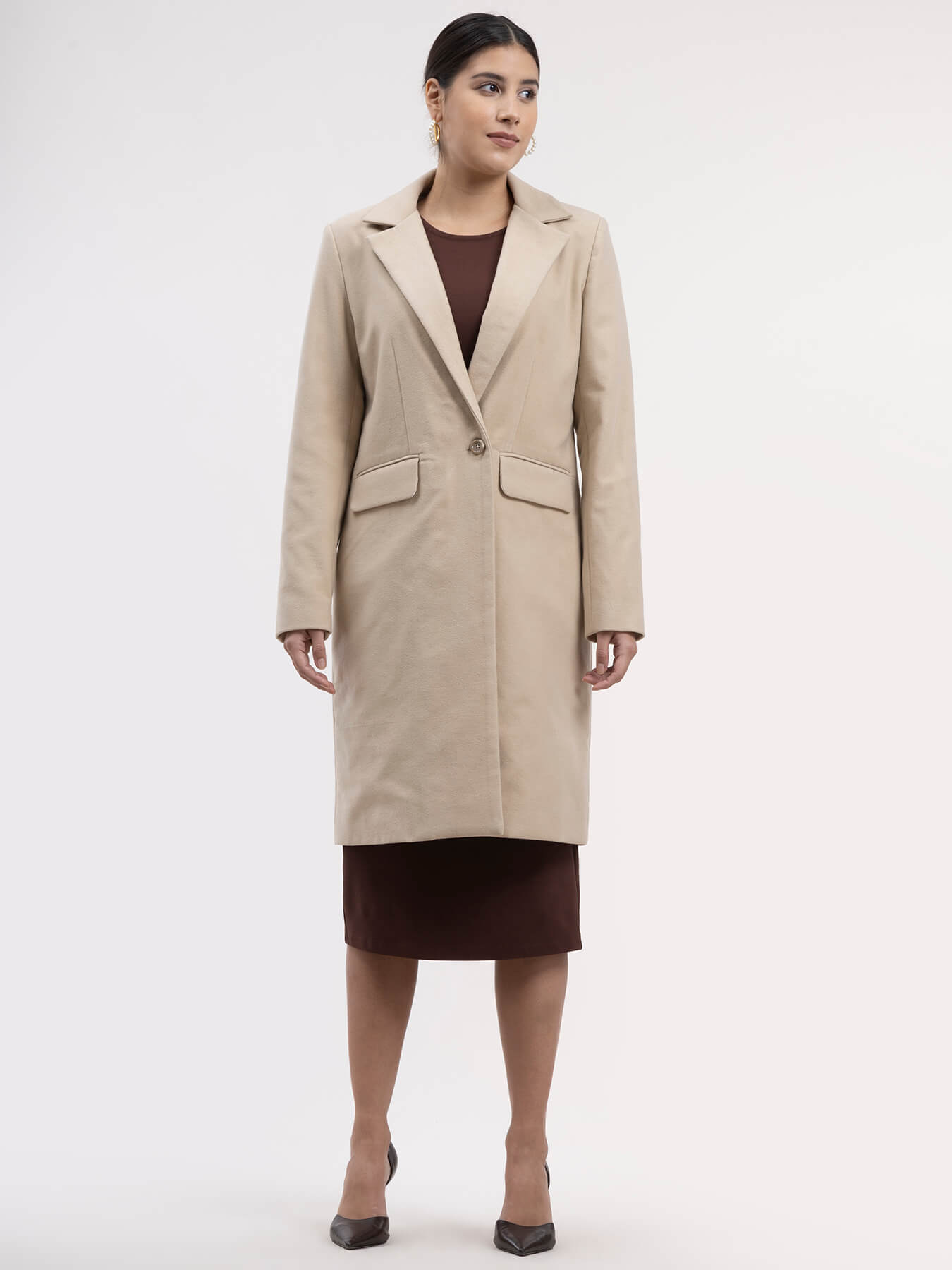 Wool Blend Long Overcoat - Beige