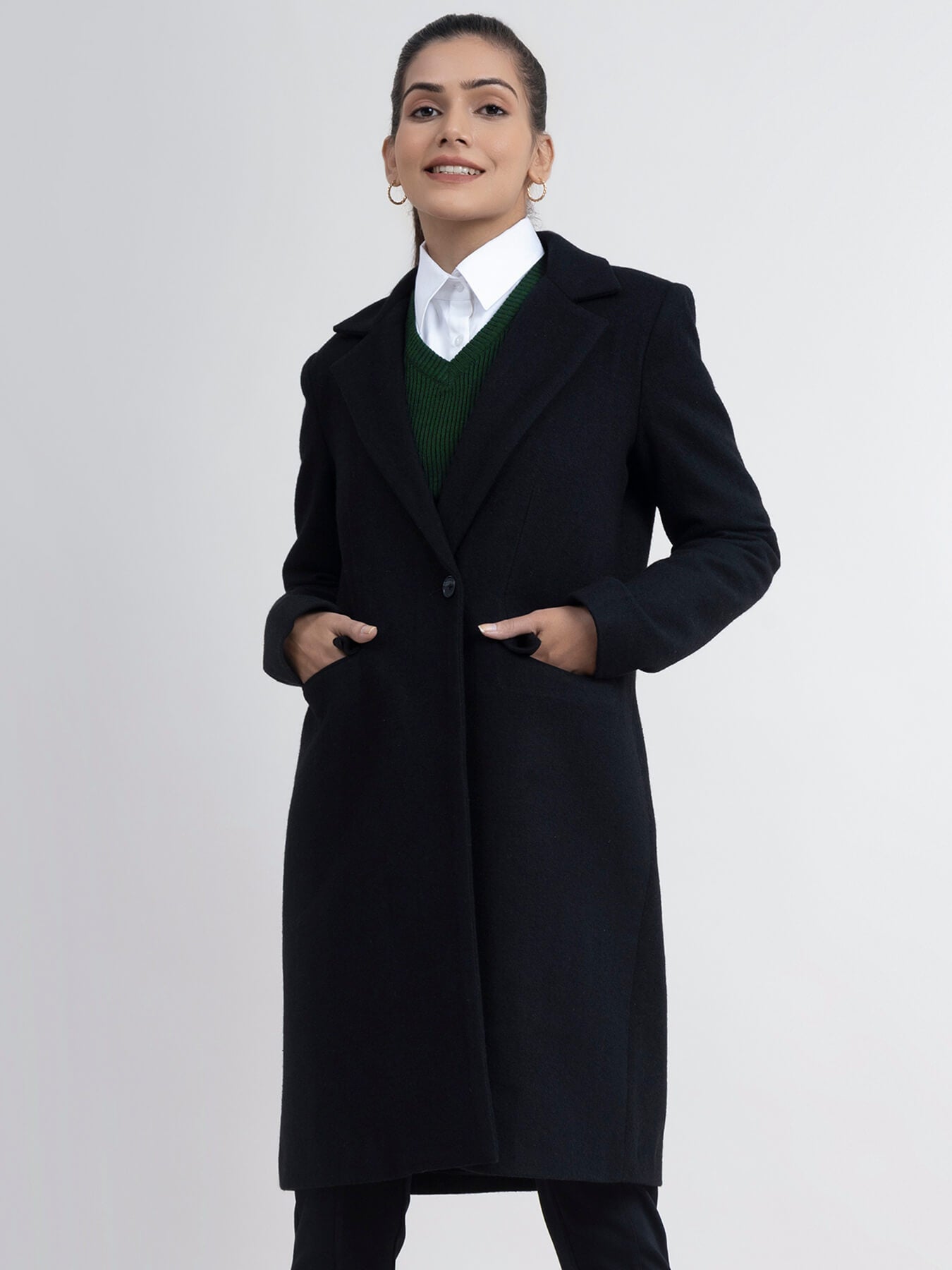 Wool Blend Long Overcoat - Black