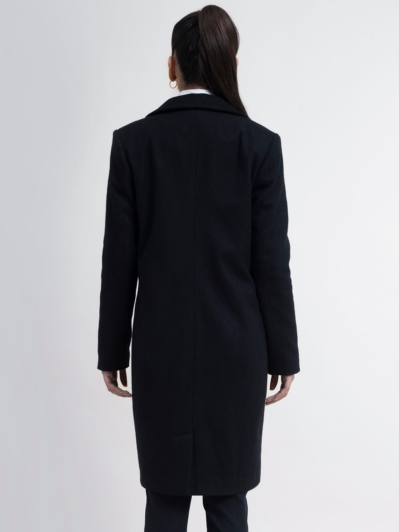 Wool Blend Long Overcoat - Black