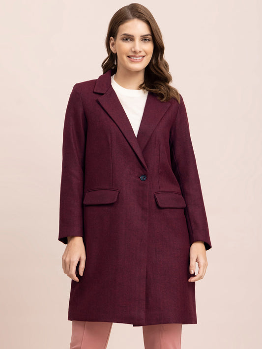 Wool Blend Long Overcoat - Maroon