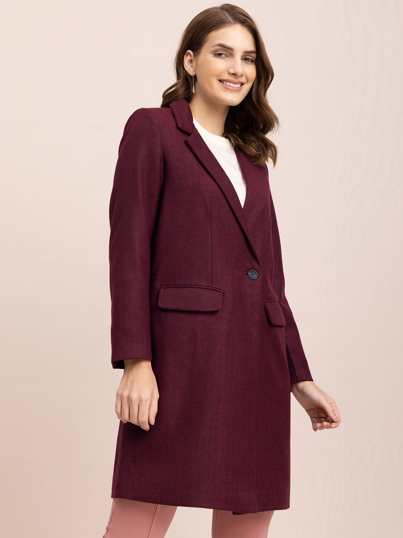 Wool Blend Long Overcoat - Maroon