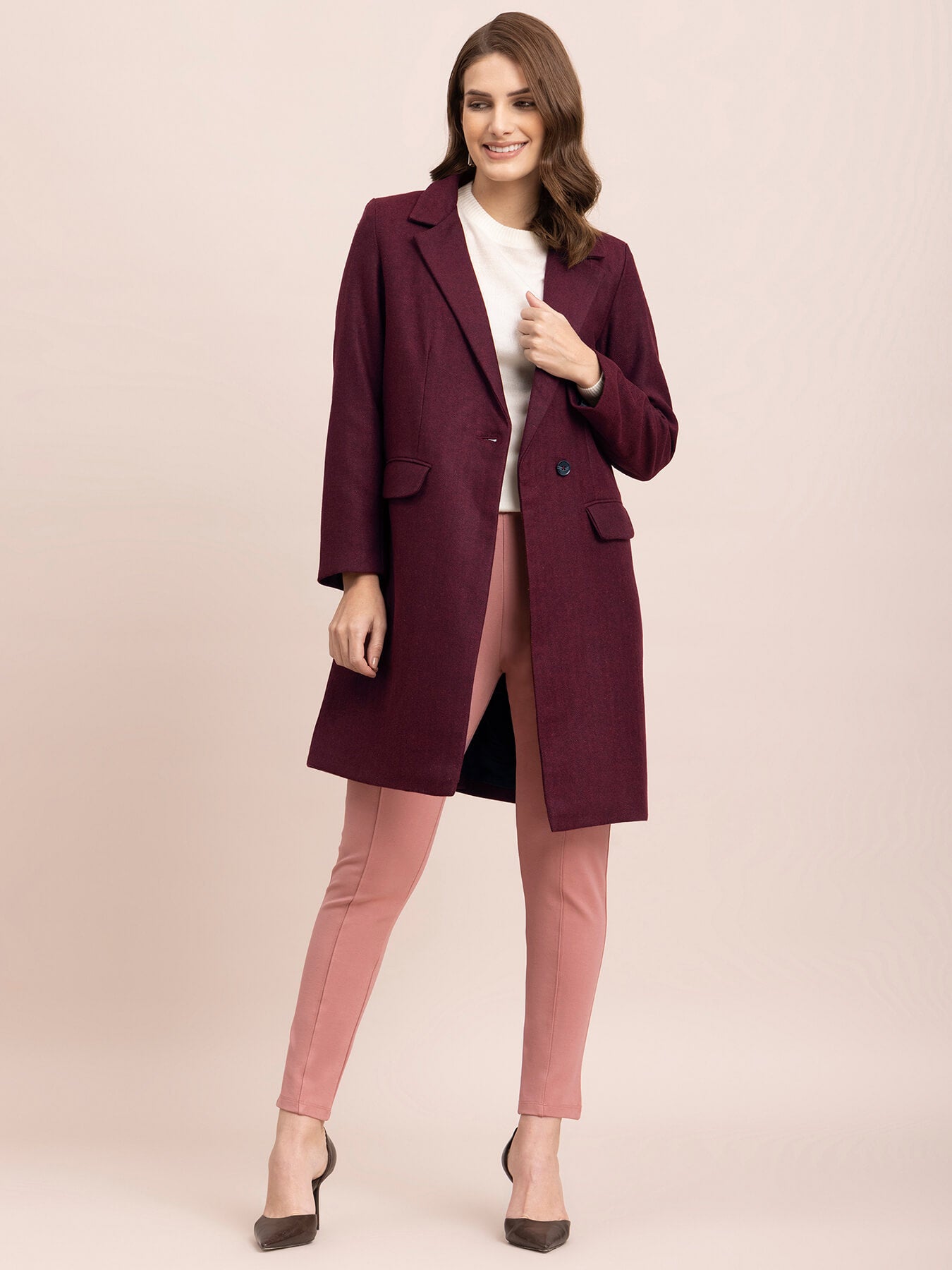 Wool Blend Long Overcoat - Maroon