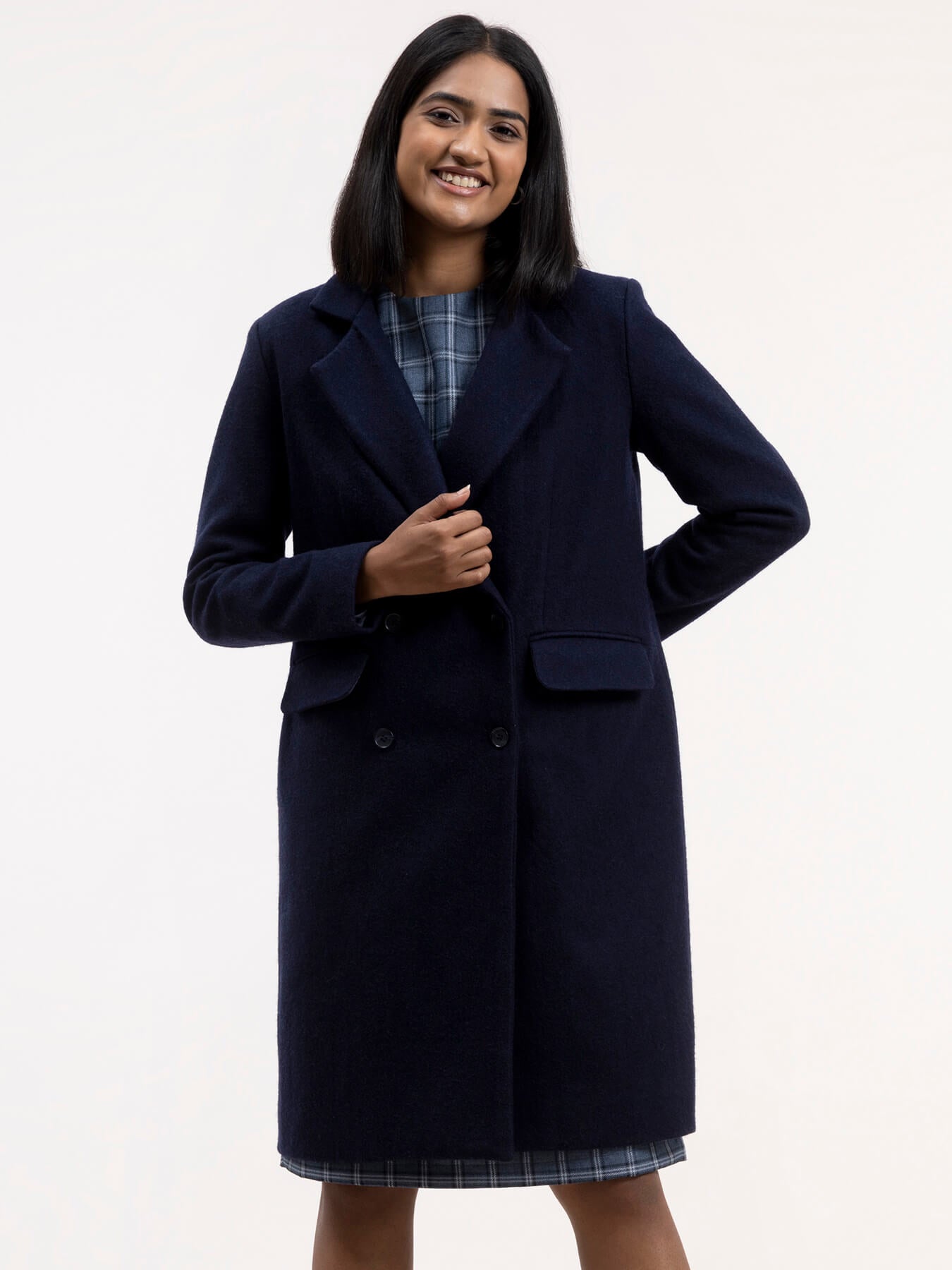Wool Blend Double Breasted Coat - Navy Blue